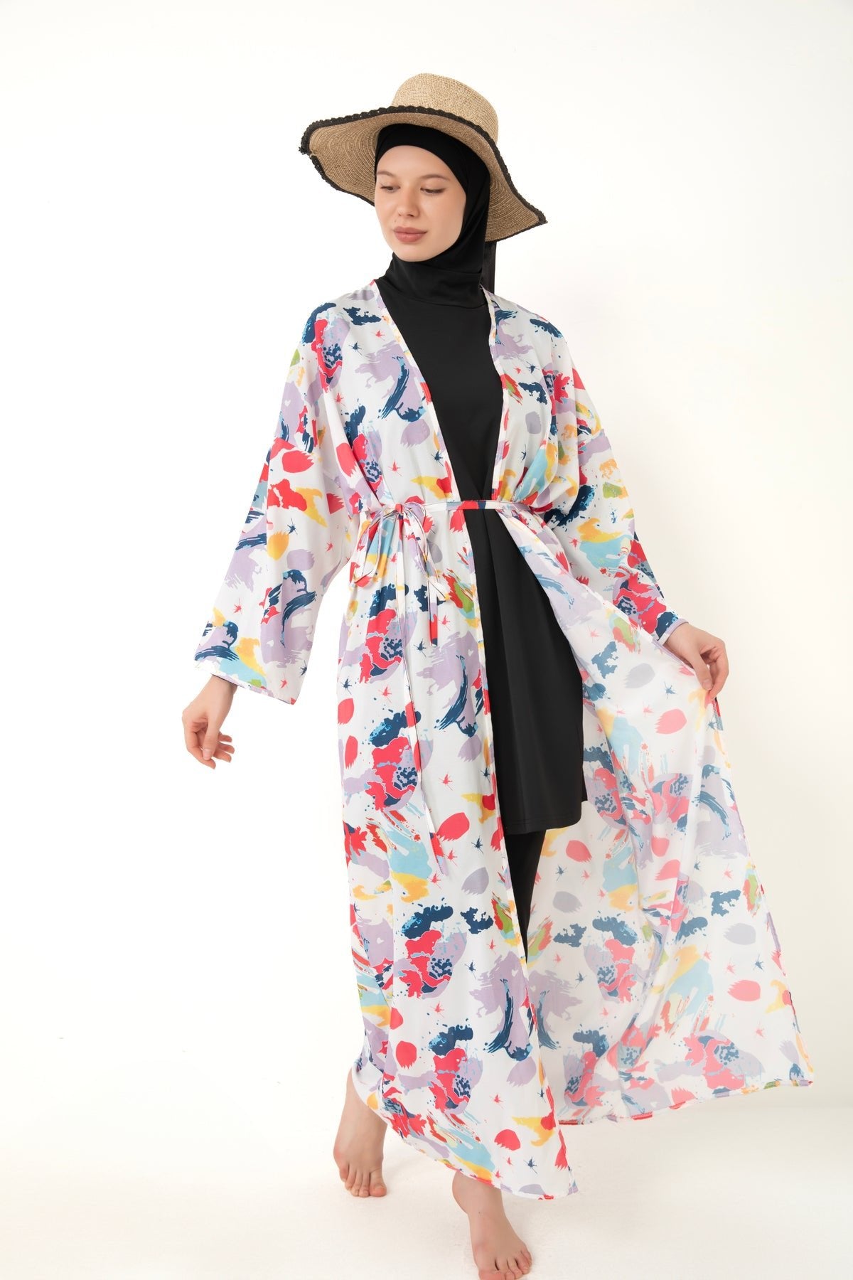 Patterned Pareo on Hijab Swimsuit - MALLTURK