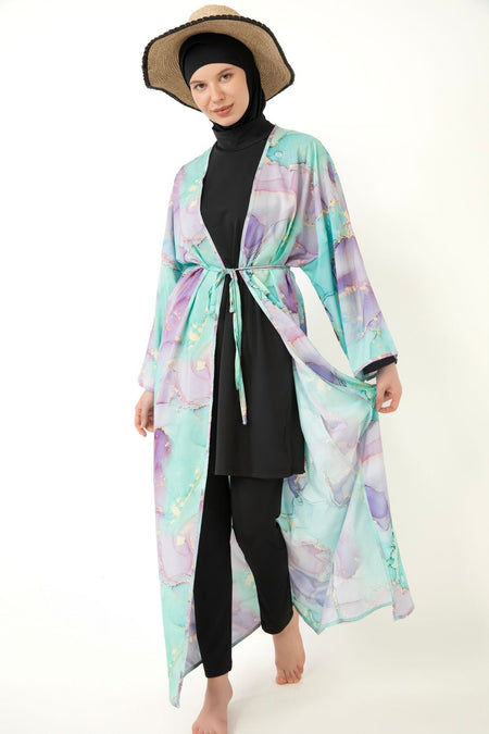 Patterned Pareo on Hijab Swimsuit - MALLTURK