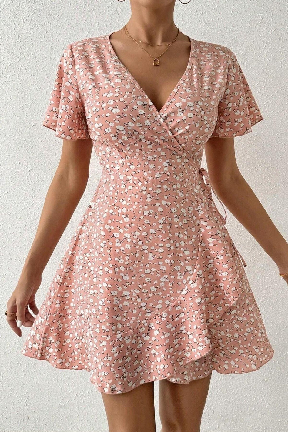 Pink Floral Print Wrap Summer Dress - MALLTURK