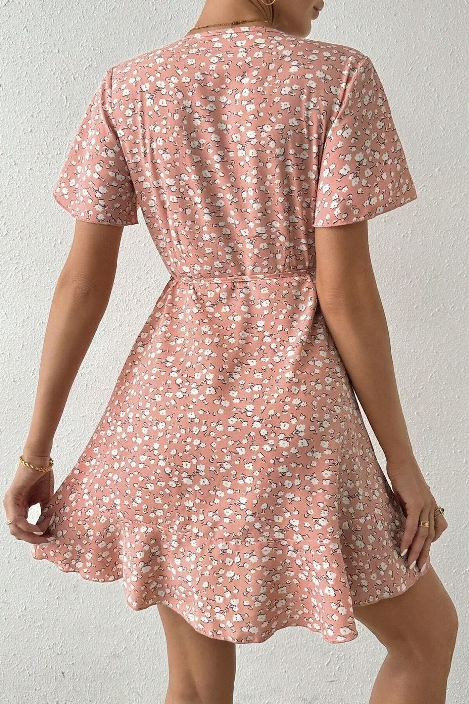 Pink Floral Print Wrap Summer Dress - MALLTURK