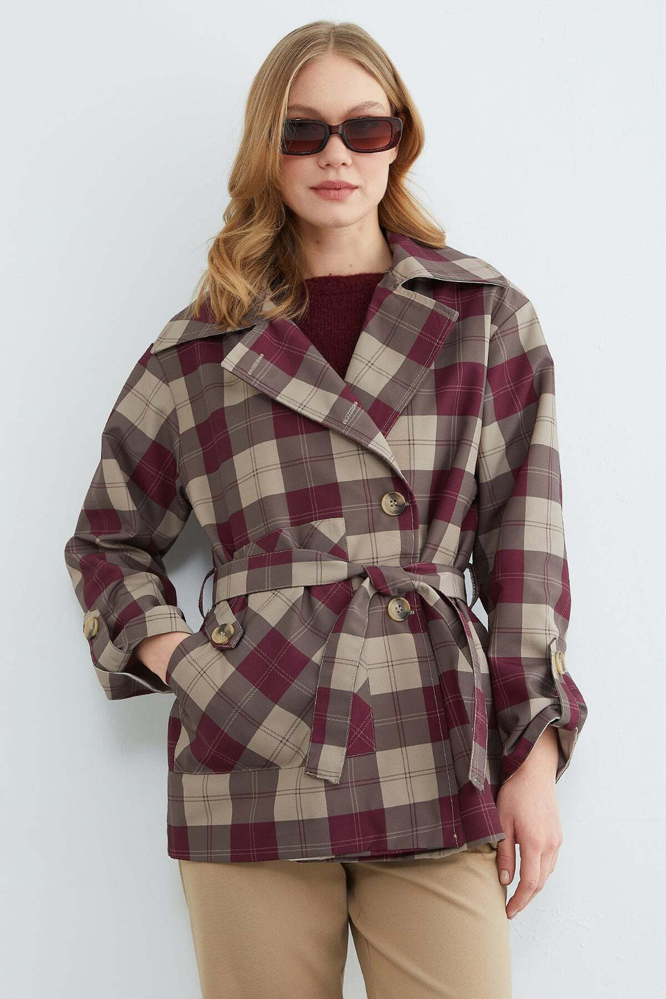 Plaid Patterned Belted Trench Coat - MALLTURK