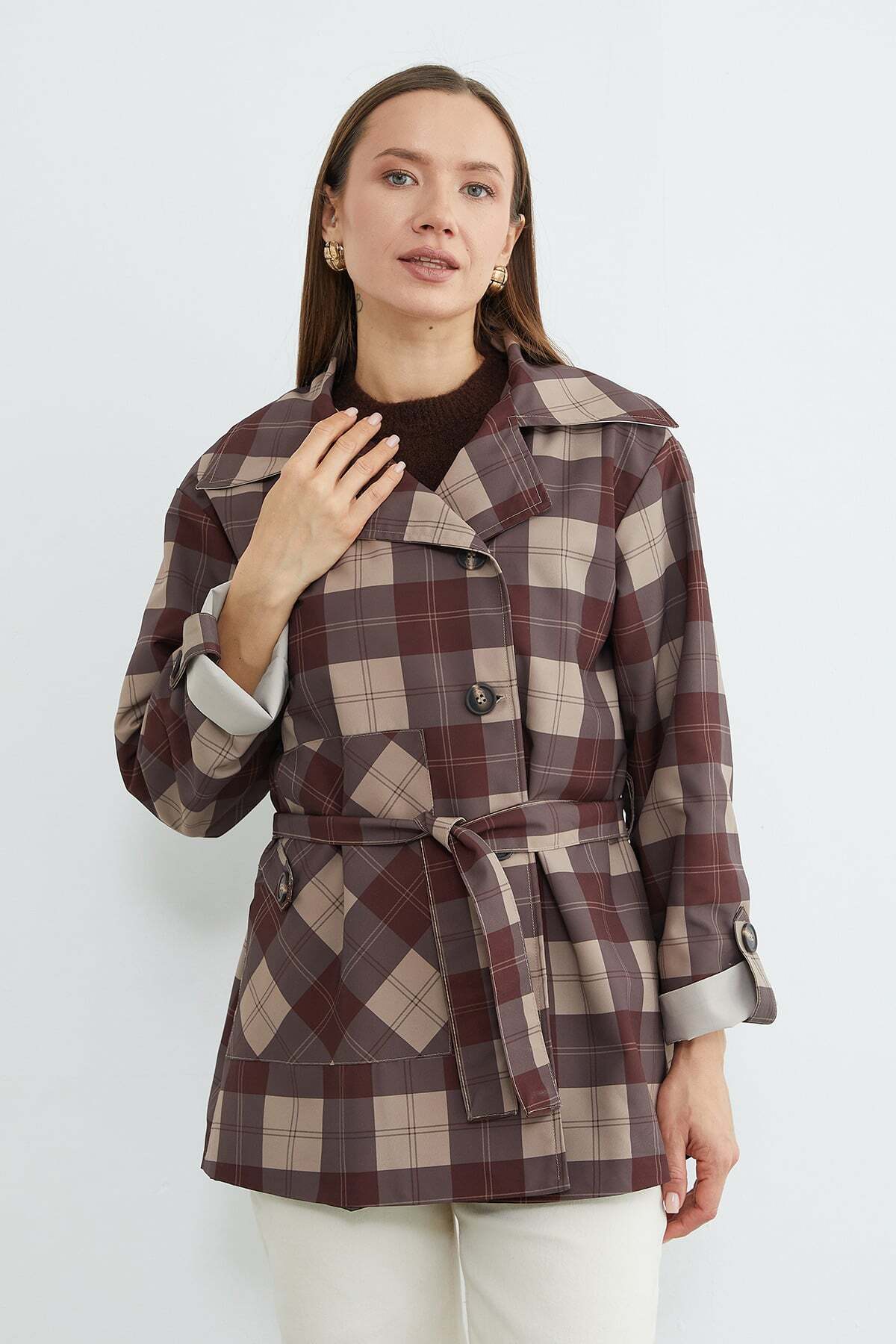 Plaid Patterned Belted Trench Coat - MALLTURK