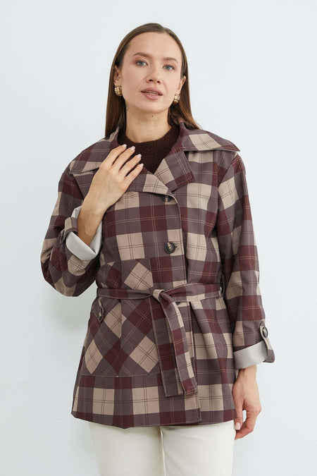Plaid Patterned Belted Trench Coat - MALLTURK