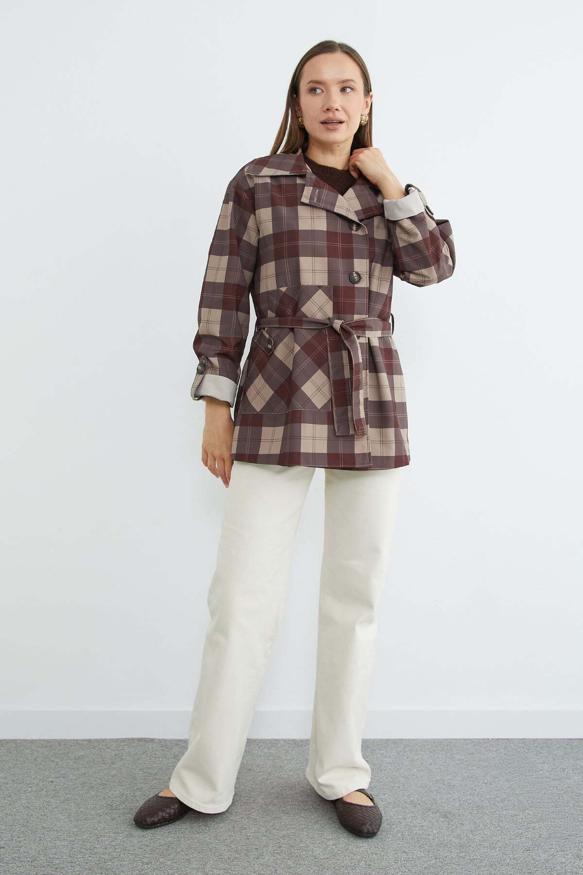 Plaid Patterned Belted Trench Coat - MALLTURK