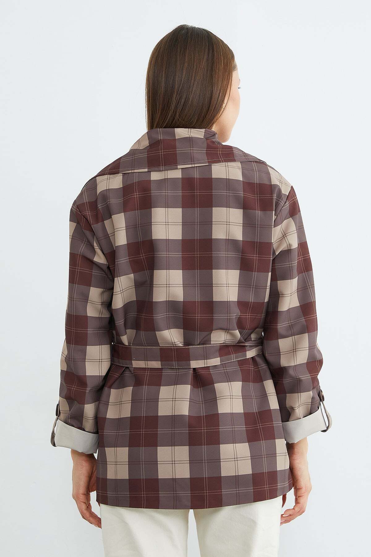 Plaid Patterned Belted Trench Coat - MALLTURK