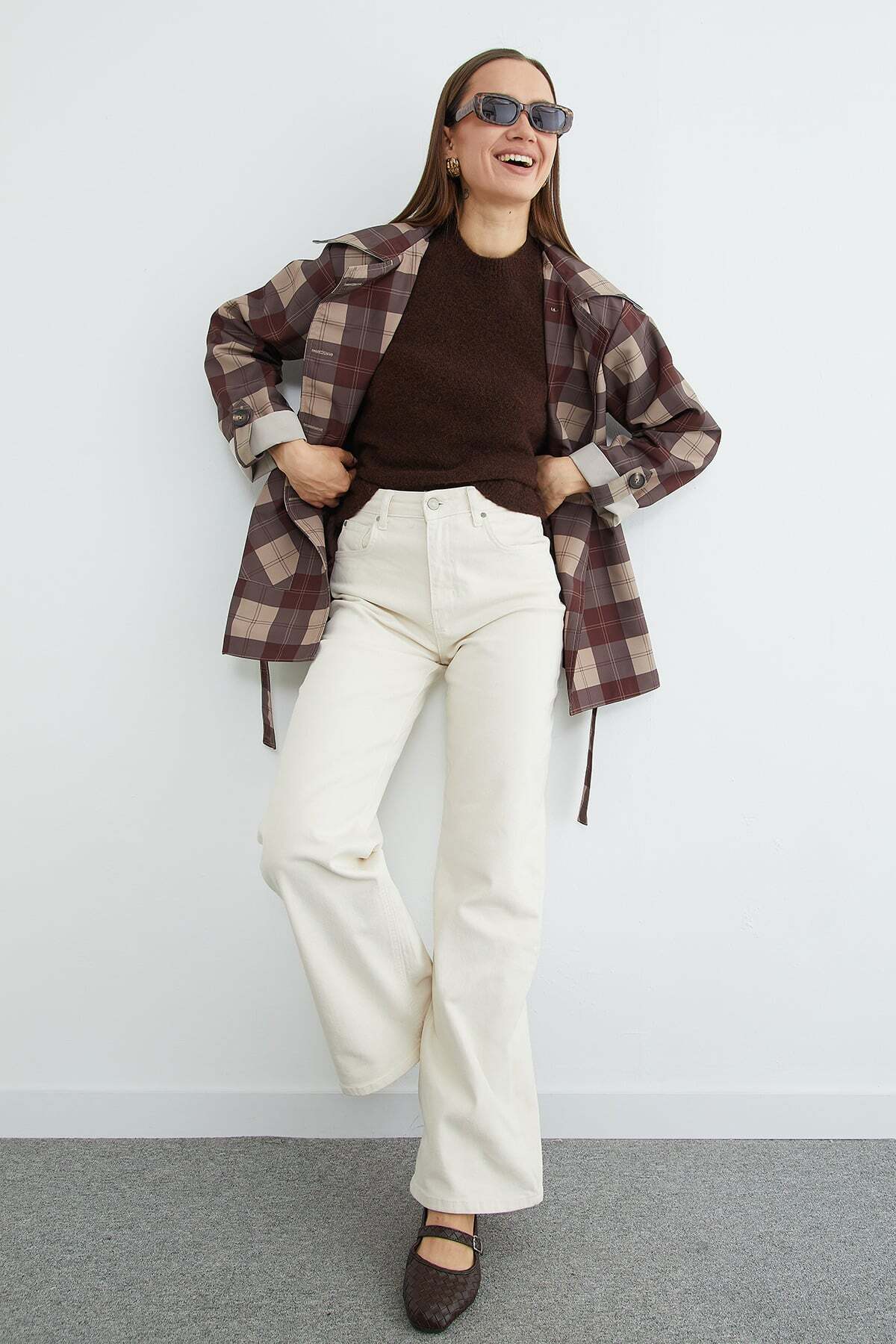 Plaid Patterned Belted Trench Coat - MALLTURK