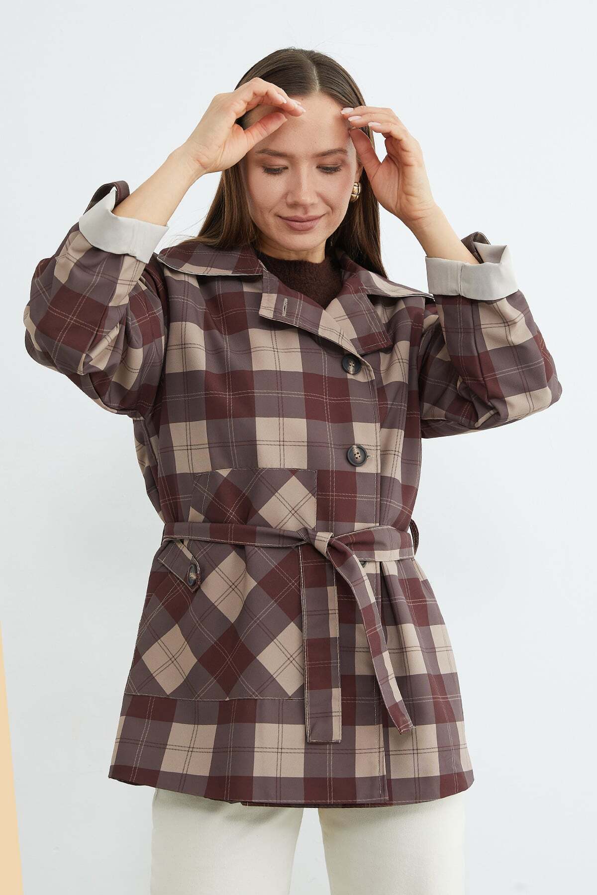 Plaid Patterned Belted Trench Coat - MALLTURK
