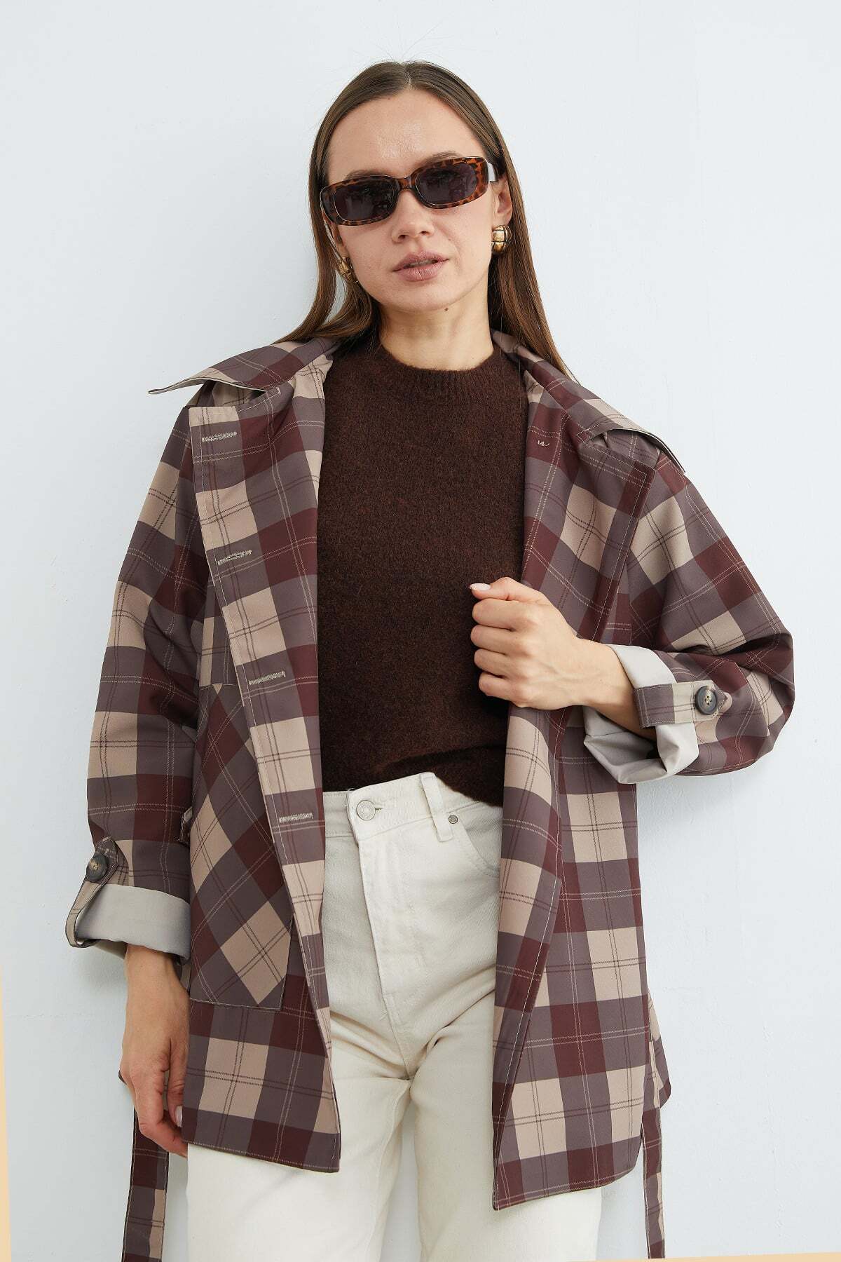 Plaid Patterned Belted Trench Coat - MALLTURK