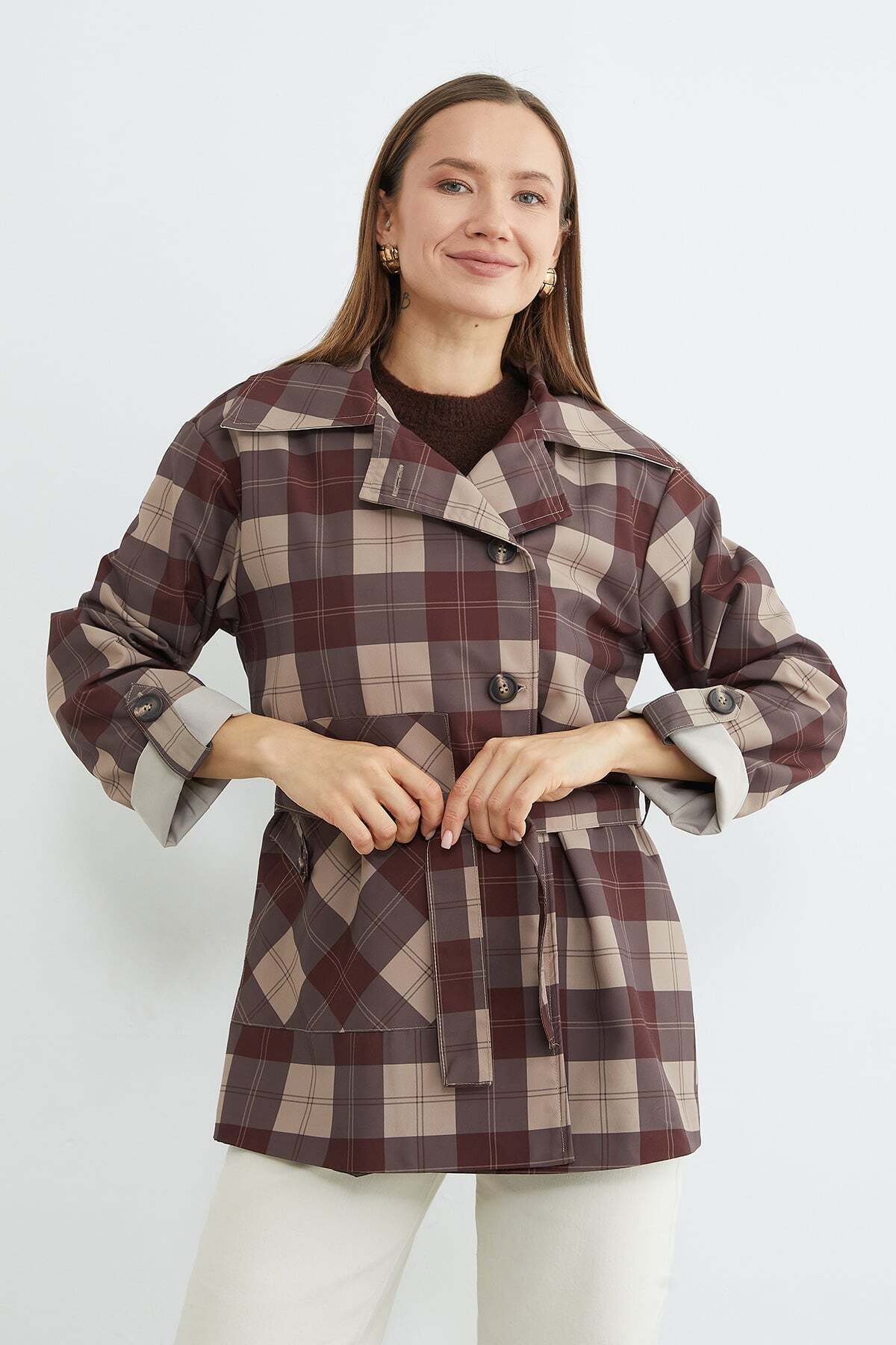 Plaid Patterned Belted Trench Coat - MALLTURK