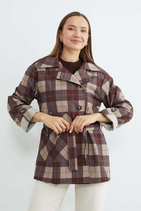 Plaid Patterned Belted Trench Coat - MALLTURK