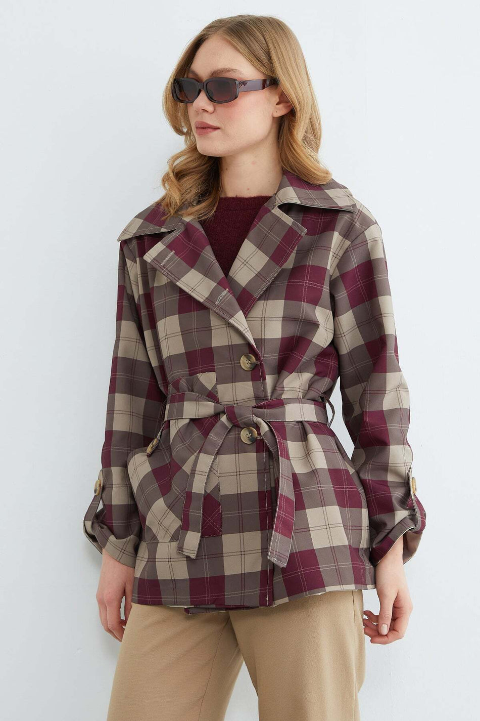 Plaid Patterned Belted Trench Coat - MALLTURK
