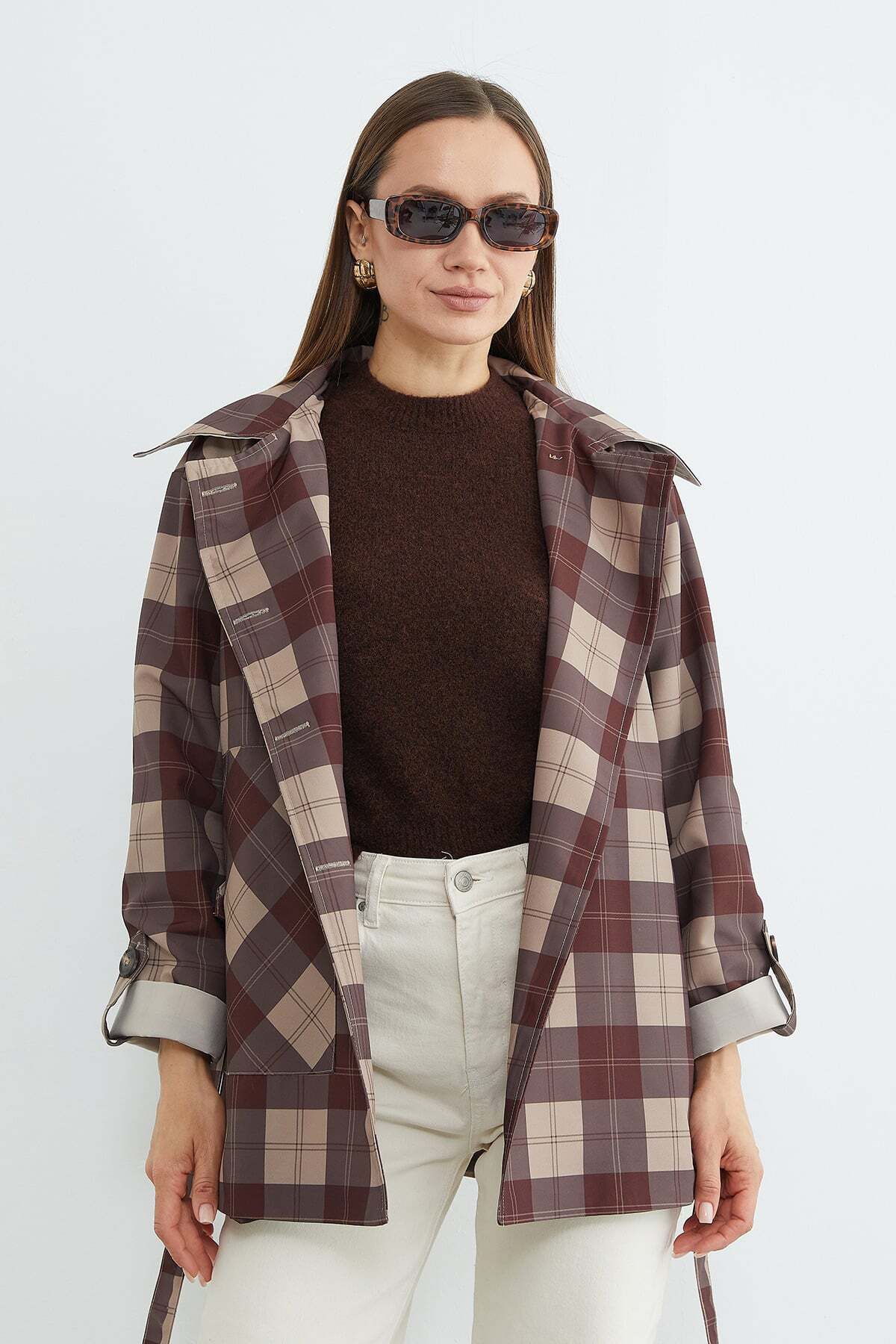 Plaid Patterned Belted Trench Coat - MALLTURK