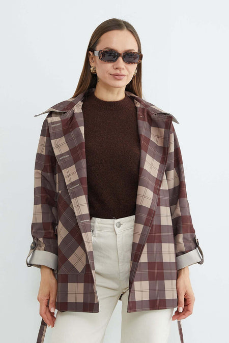 Plaid Patterned Belted Trench Coat - MALLTURK