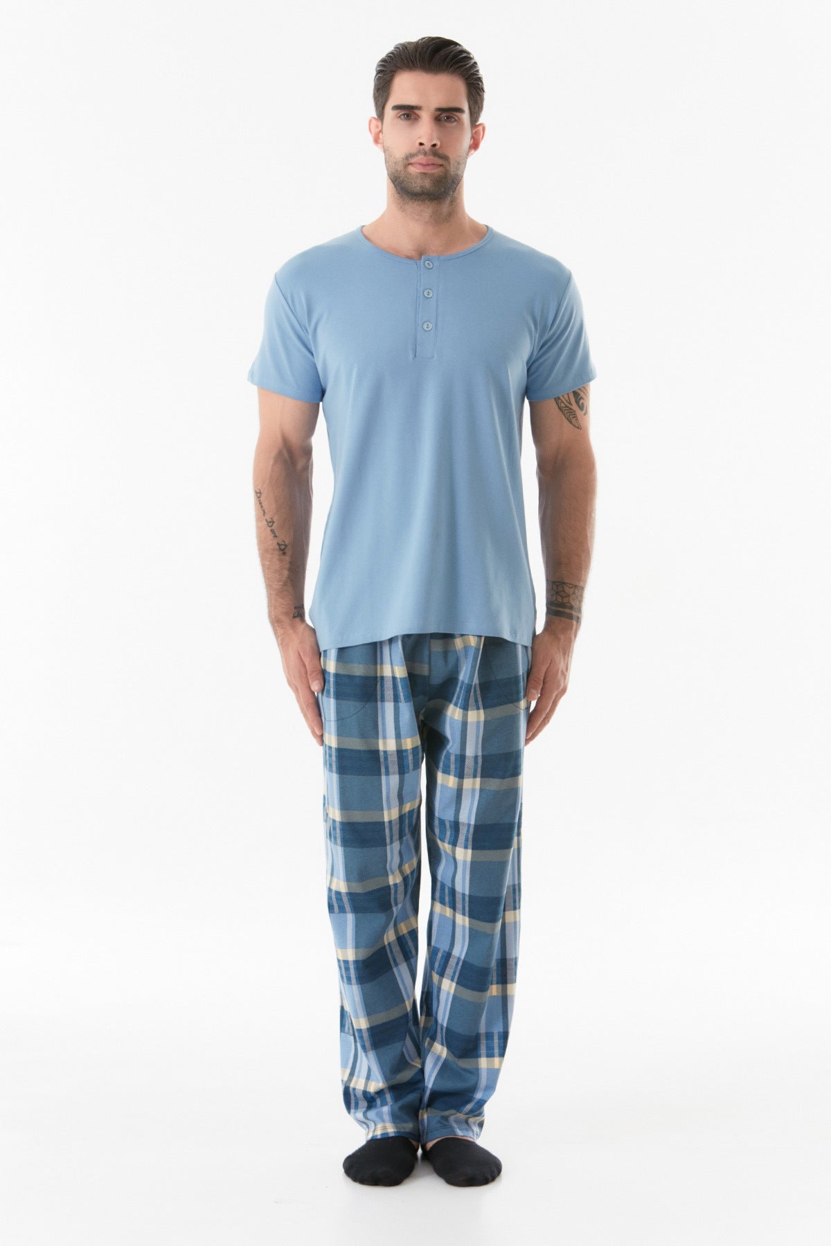 Plaid Patterned Buttoned Pajama Set - MALLTURK