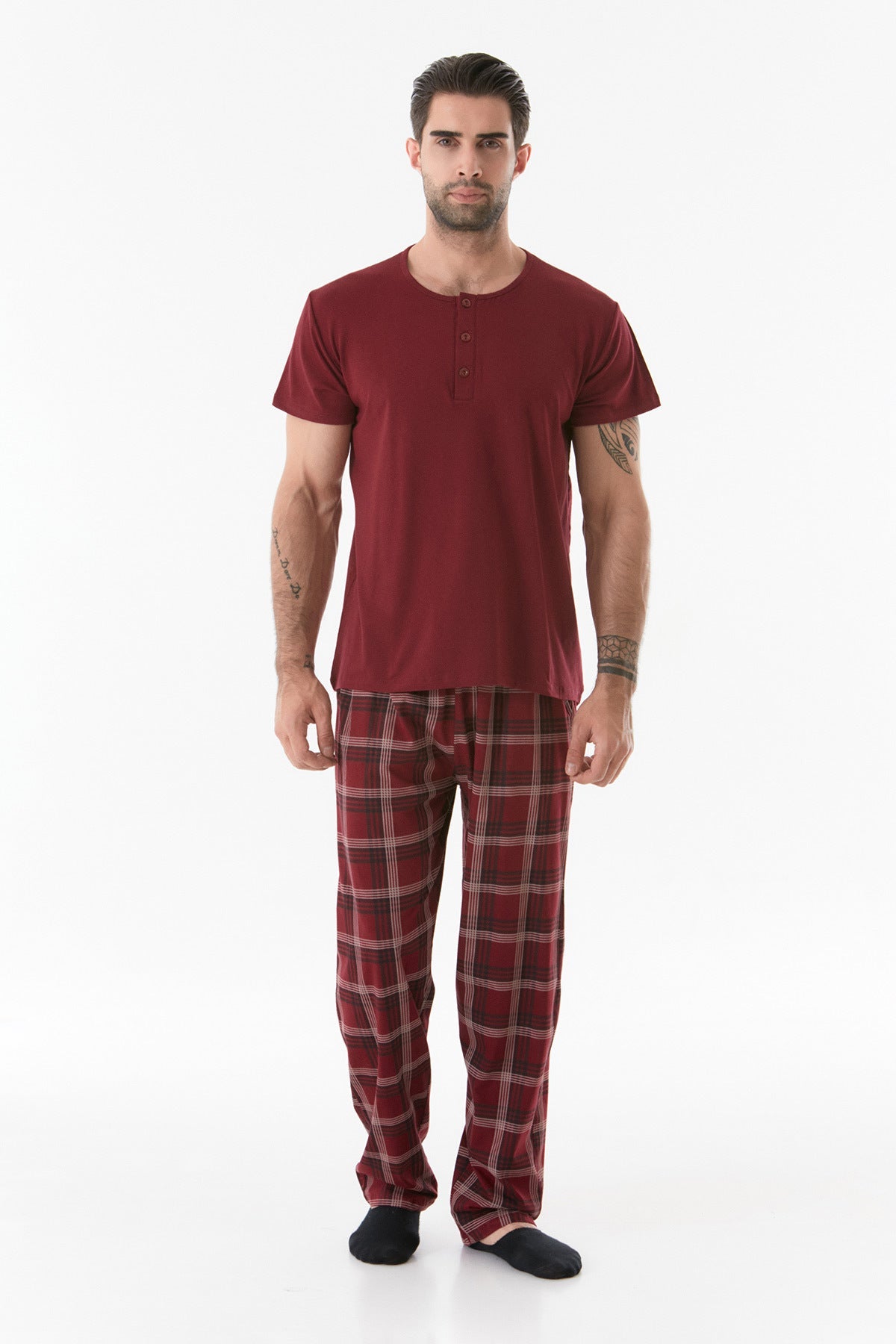 Plaid Patterned Buttoned Pajama Set - MALLTURK