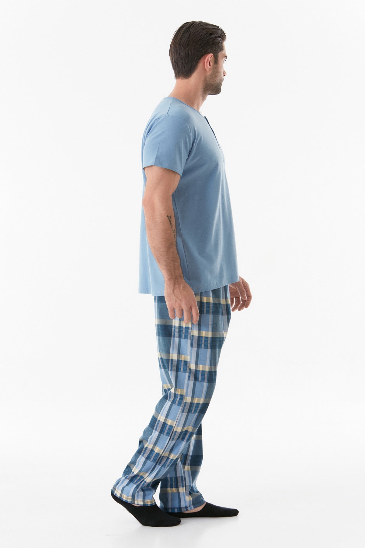 Plaid Patterned Buttoned Pajama Set - MALLTURK