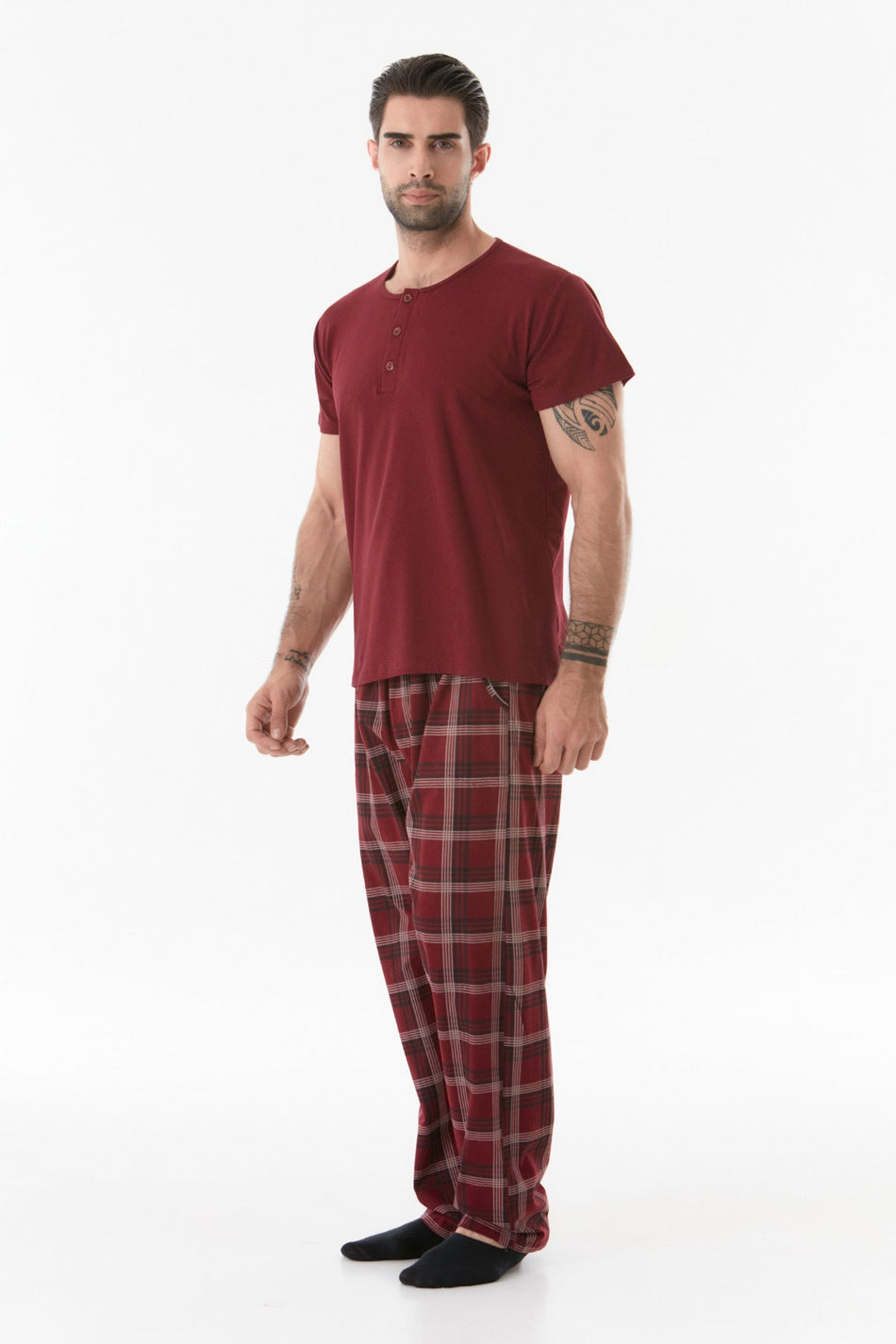 Plaid Patterned Buttoned Pajama Set - MALLTURK