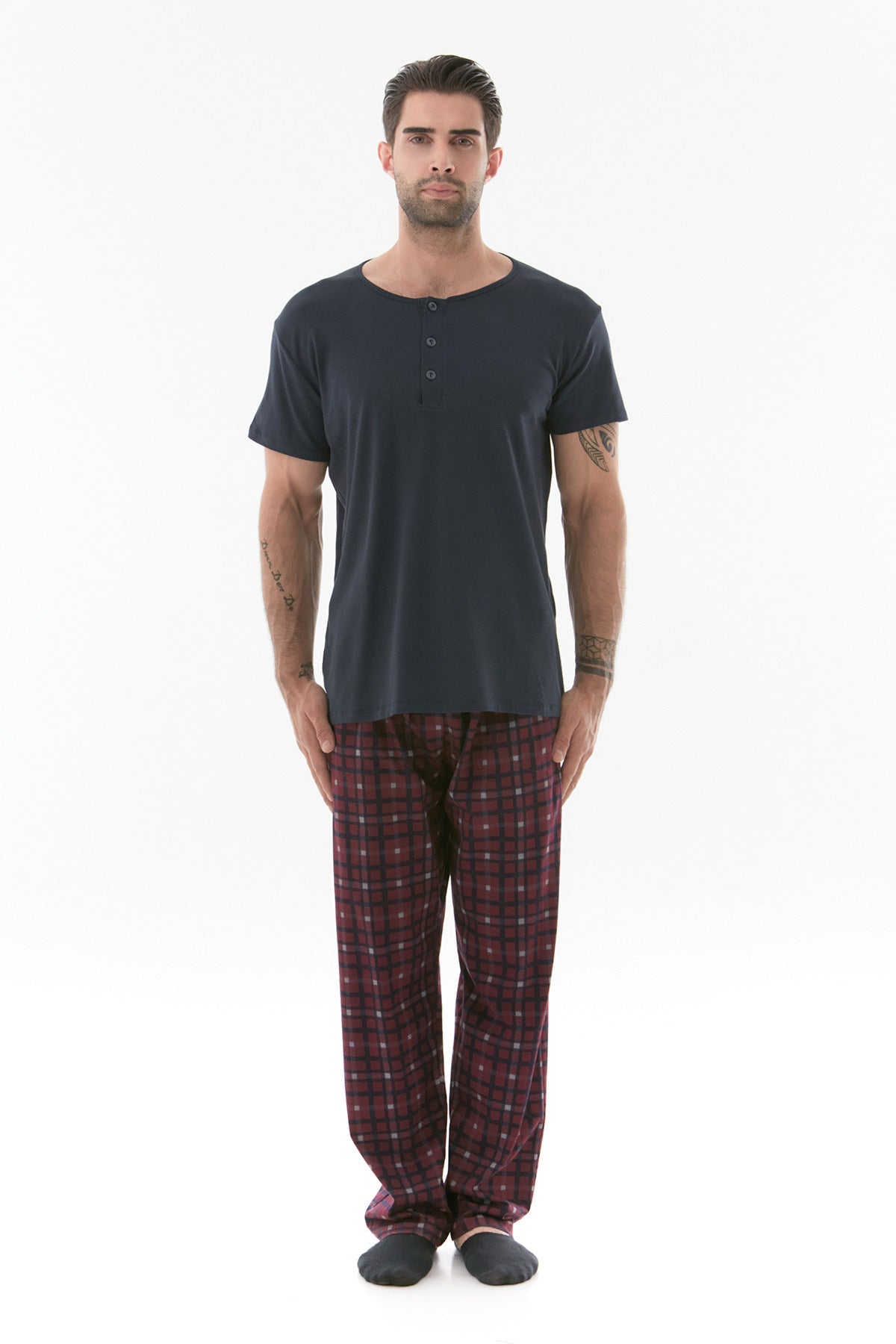 Plaid Patterned Buttoned Pajama Set - MALLTURK
