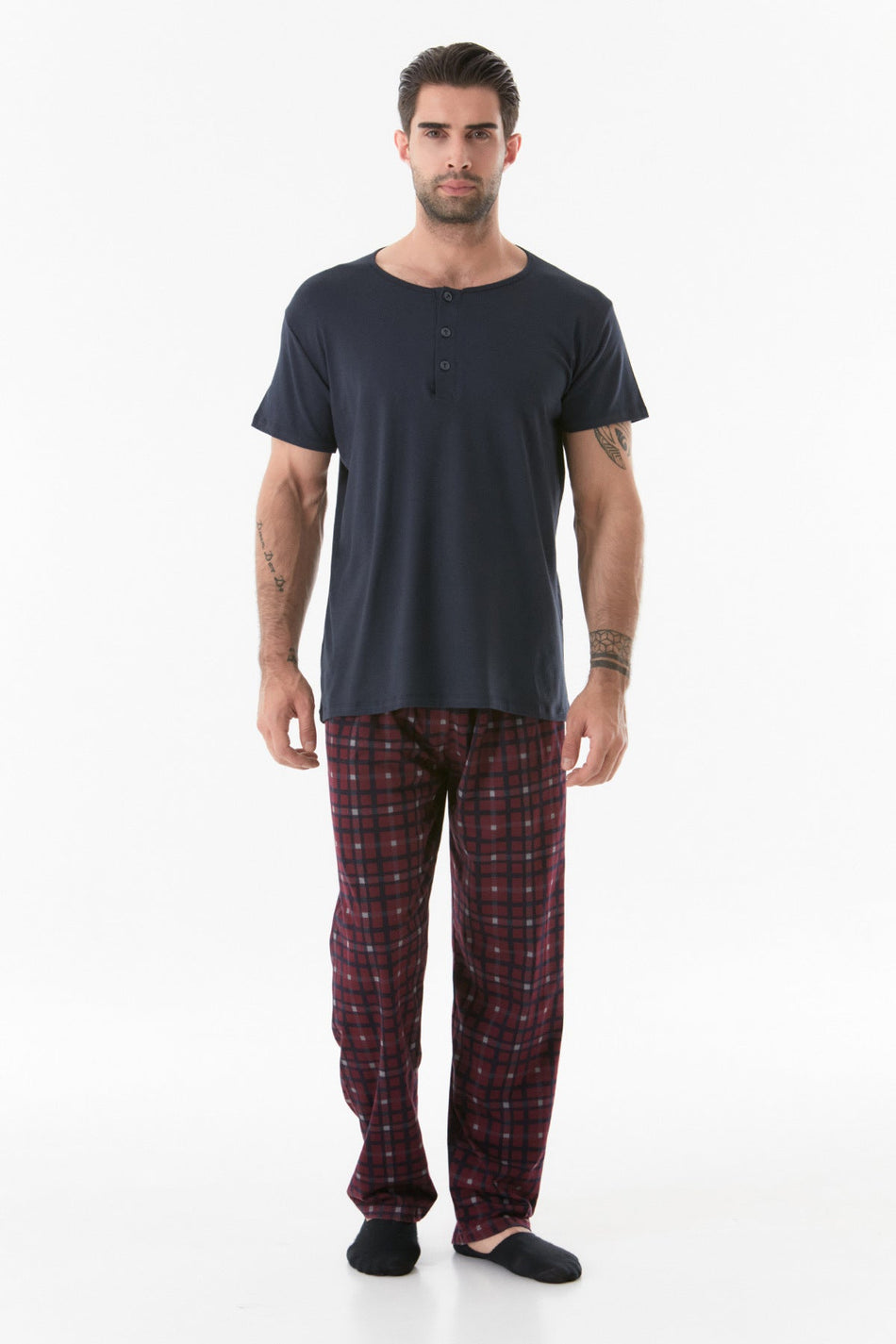 Plaid Patterned Buttoned Pajama Set - MALLTURK