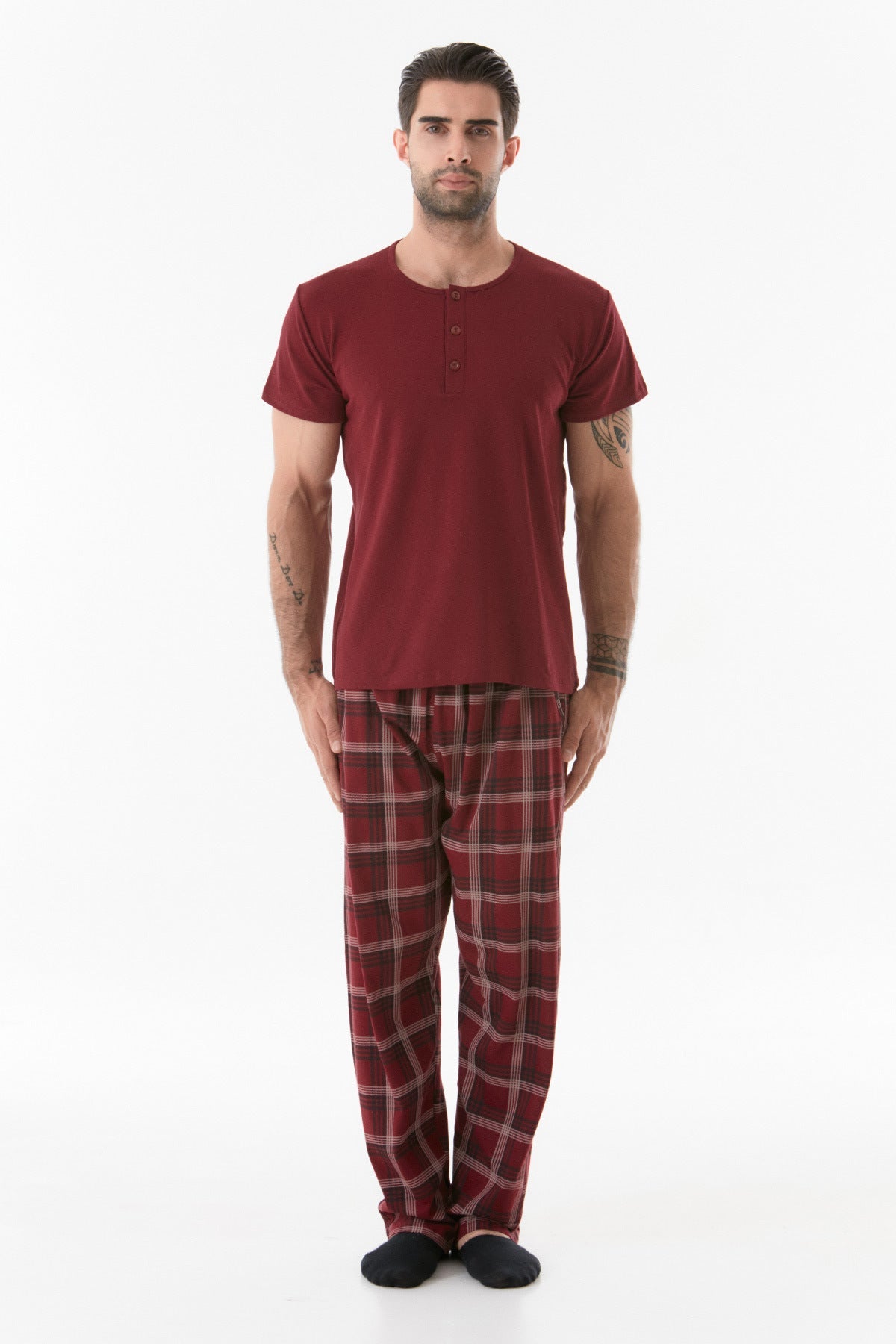 Plaid Patterned Buttoned Pajama Set - MALLTURK