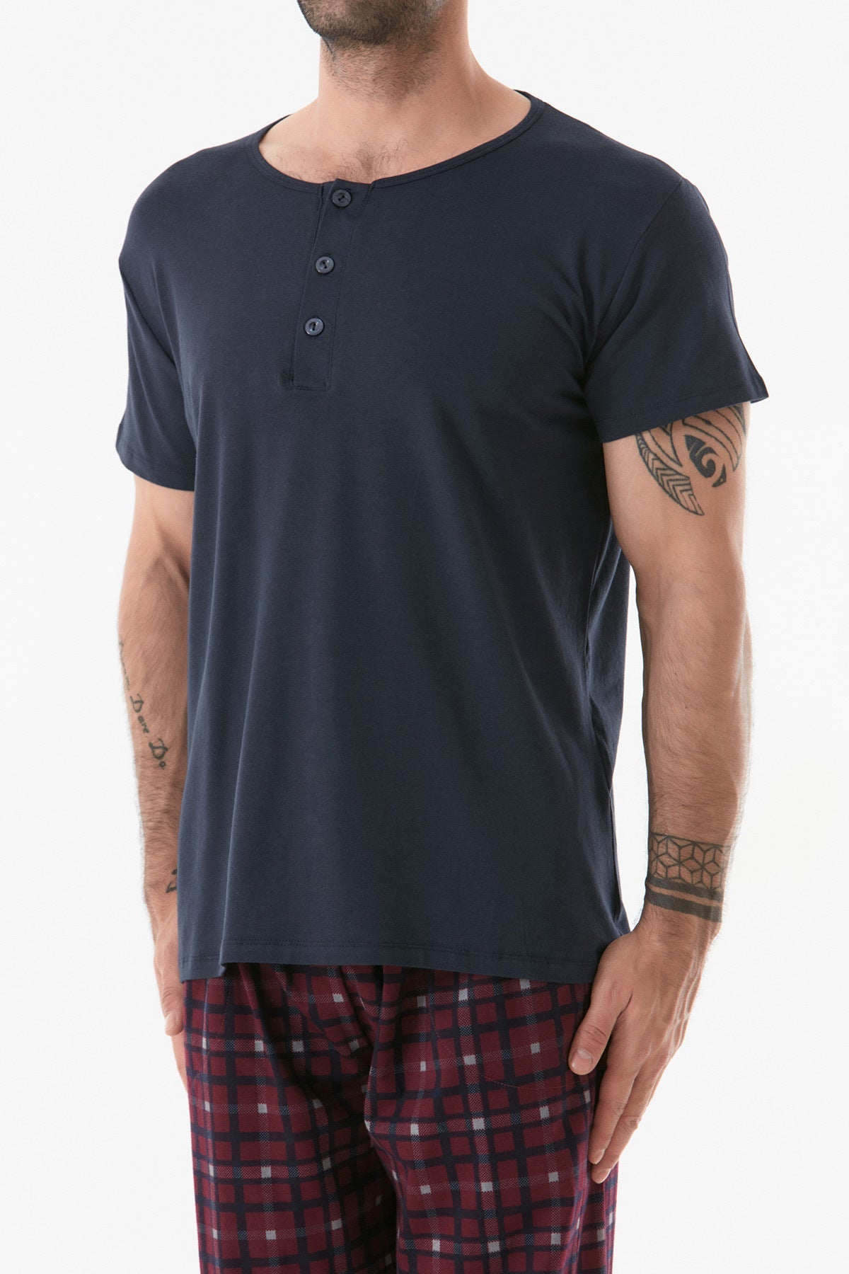 Plaid Patterned Buttoned Pajama Set - MALLTURK