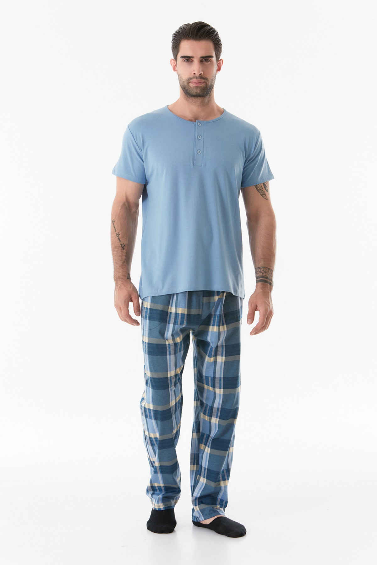 Plaid Patterned Buttoned Pajama Set - MALLTURK