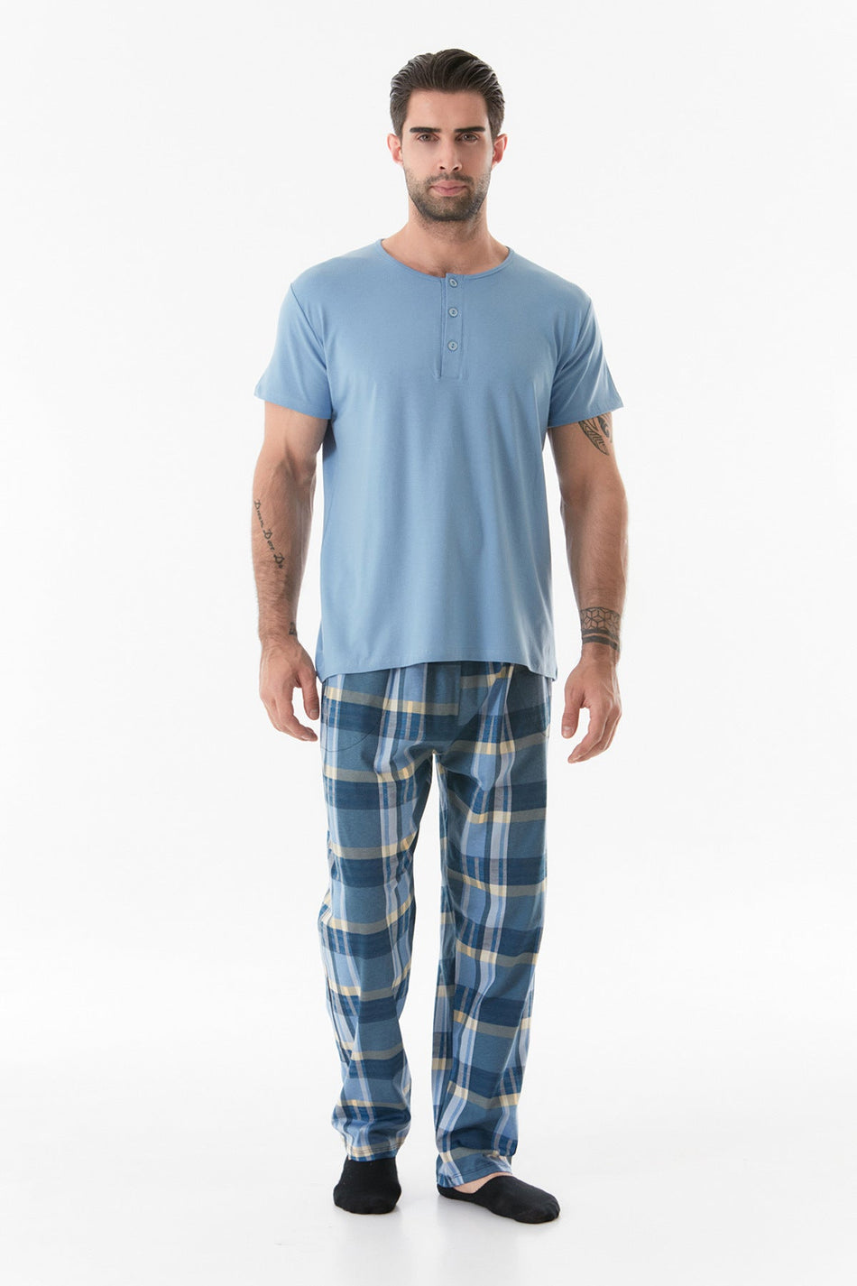 Plaid Patterned Buttoned Pajama Set - MALLTURK