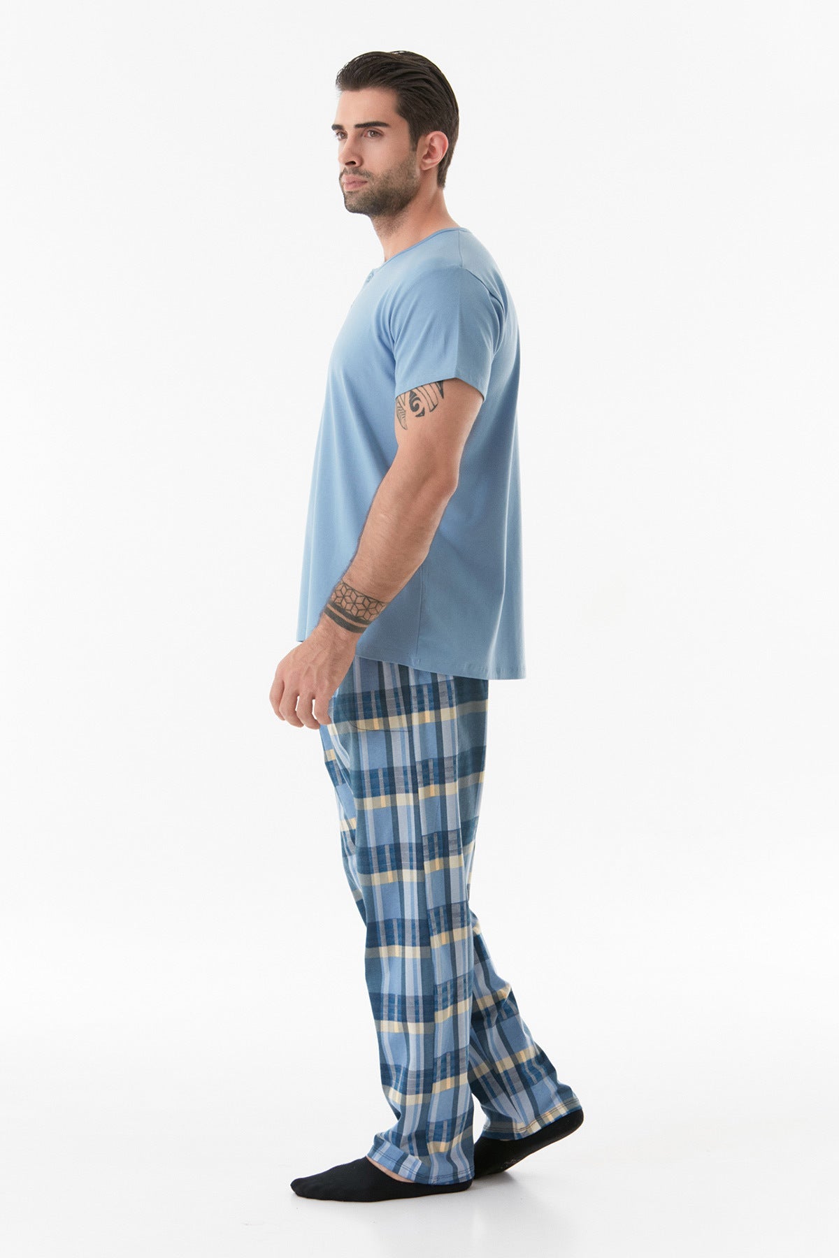 Plaid Patterned Buttoned Pajama Set - MALLTURK