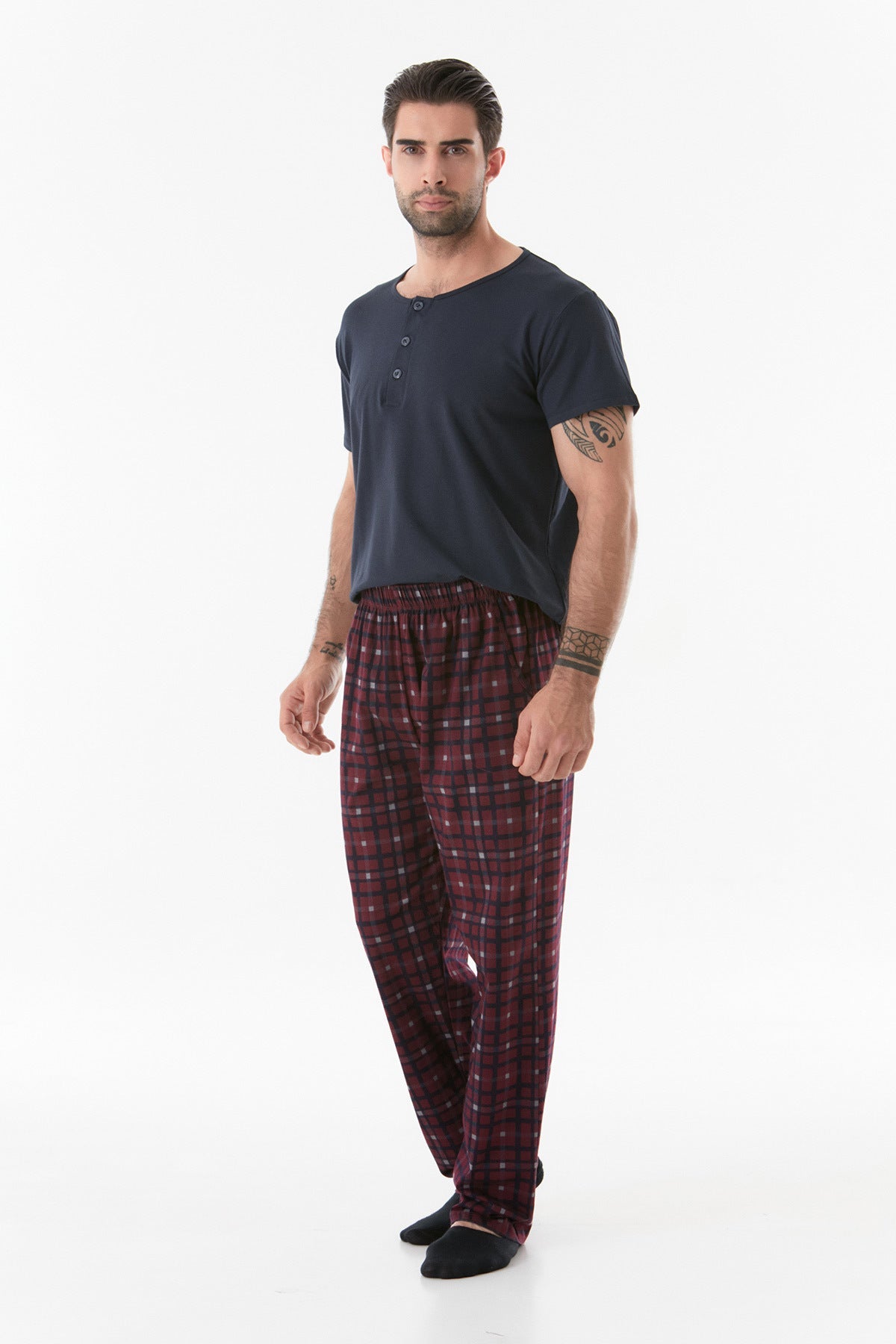 Plaid Patterned Buttoned Pajama Set - MALLTURK