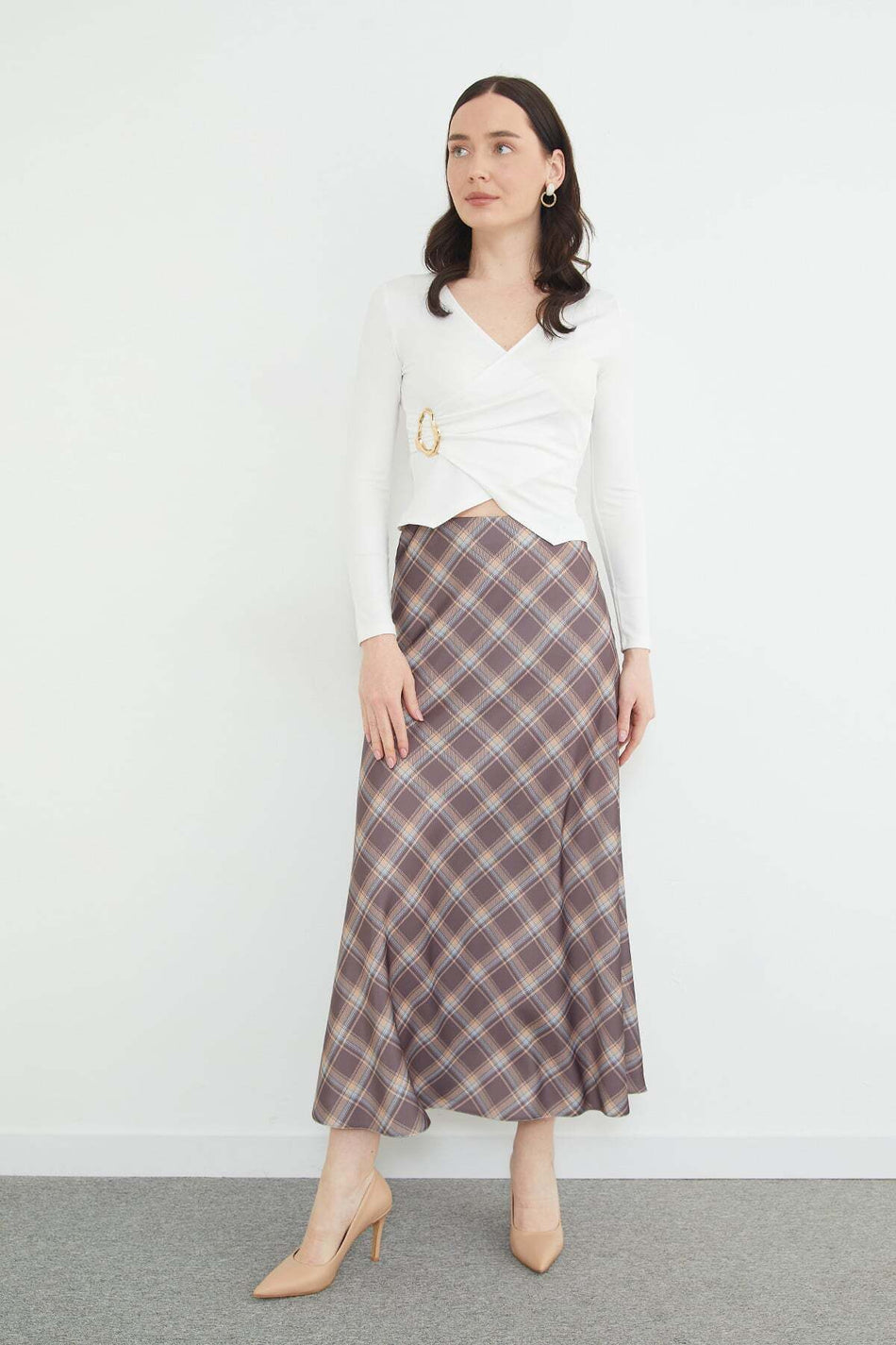 Plaid Patterned Maxi Length Satin Skirt - MALLTURK