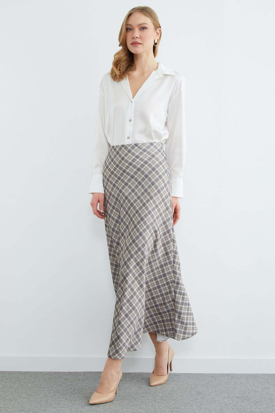 Plaid Patterned Maxi Length Satin Skirt - MALLTURK
