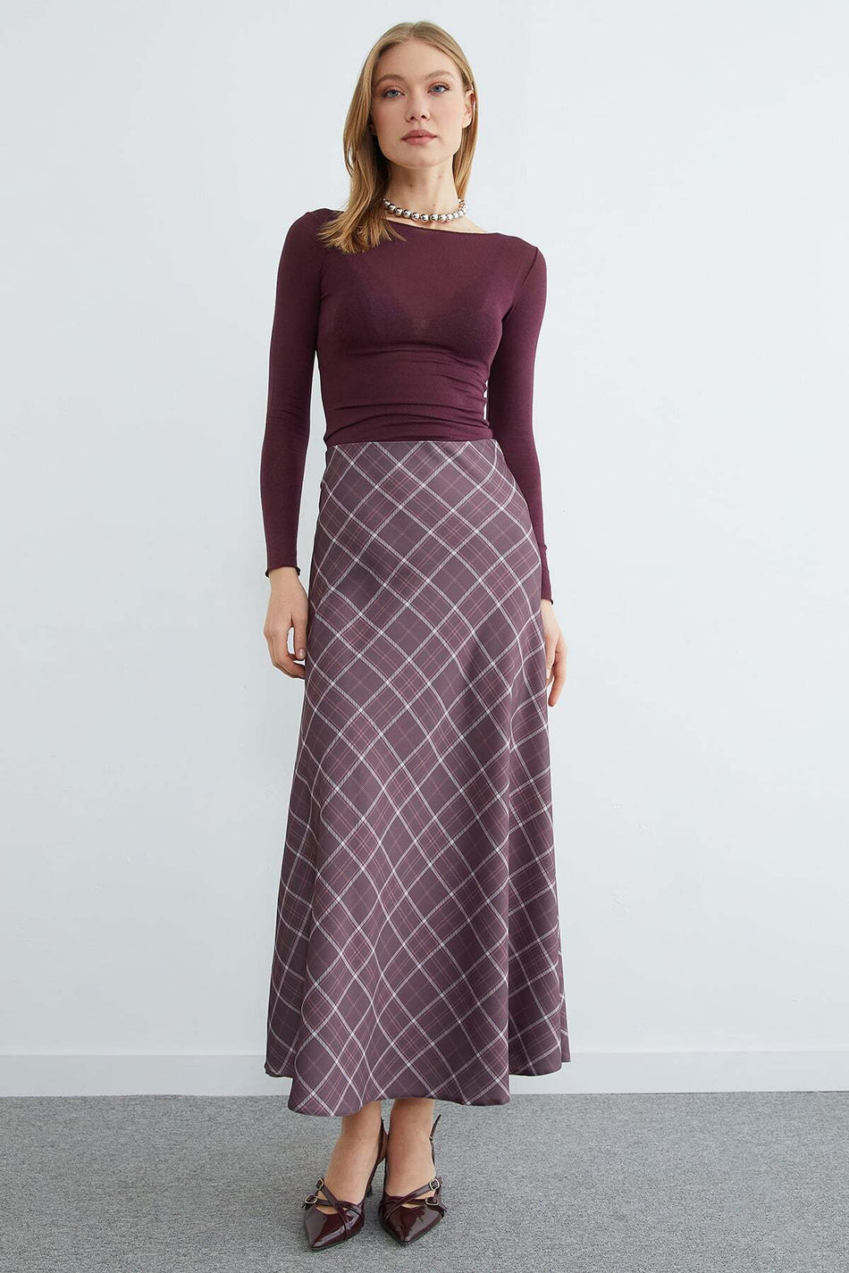 Plaid Patterned Maxi Length Satin Skirt - MALLTURK