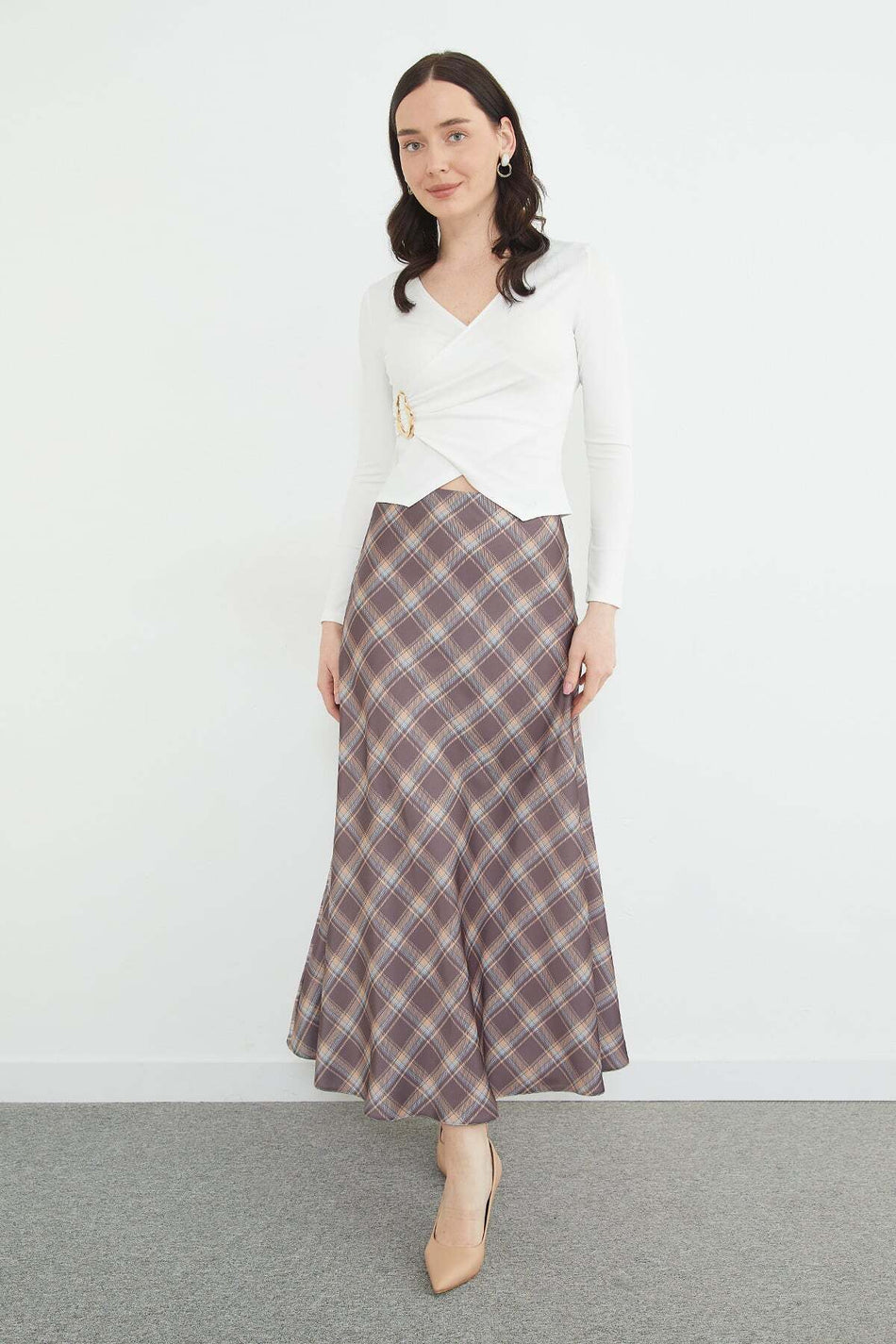 Plaid Patterned Maxi Length Satin Skirt - MALLTURK