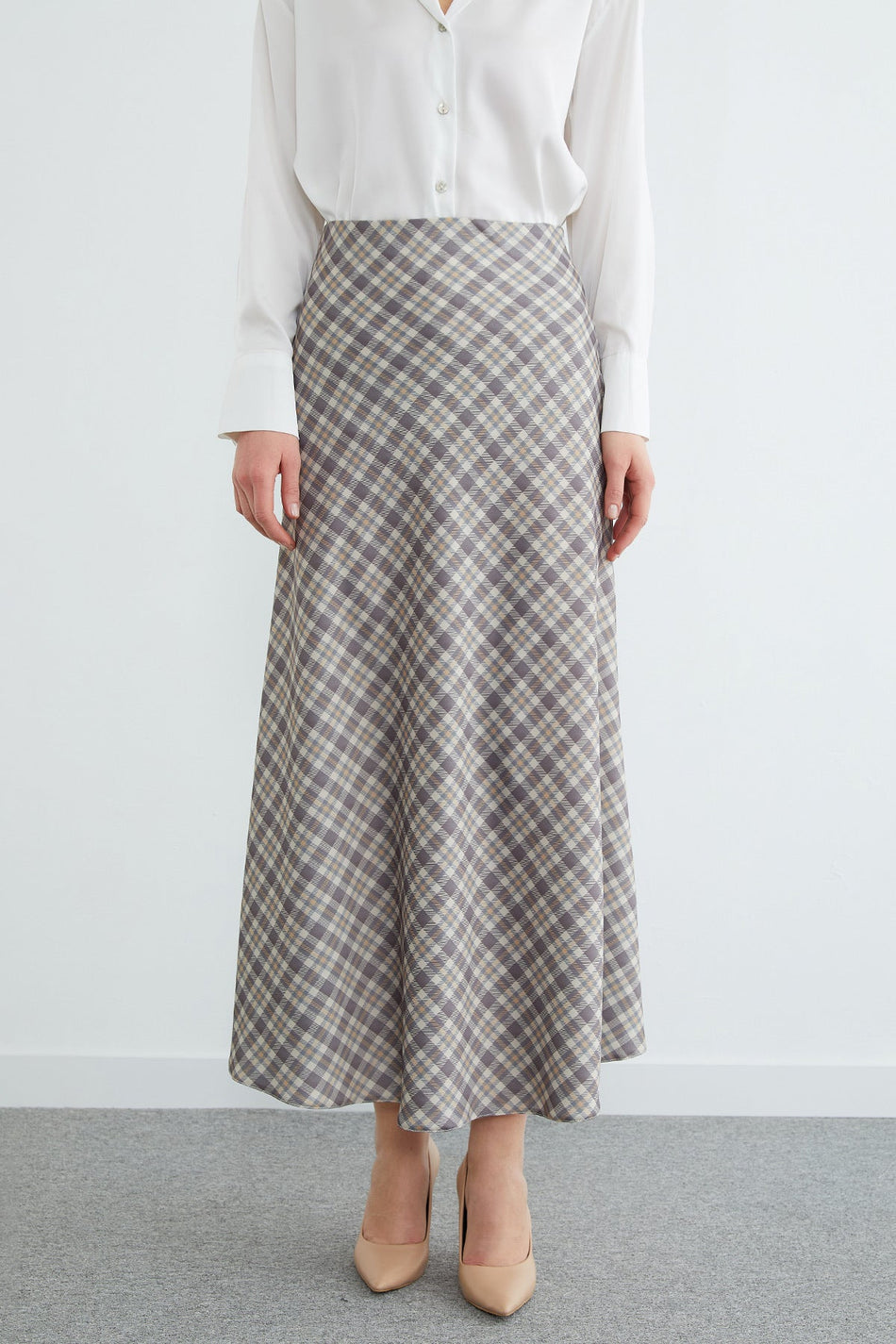 Plaid Patterned Maxi Length Satin Skirt - MALLTURK