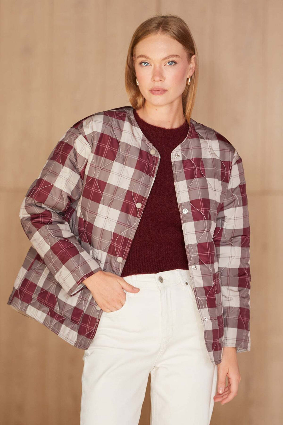 Plaid Patterned Quilted Snap Button Coat - MALLTURK