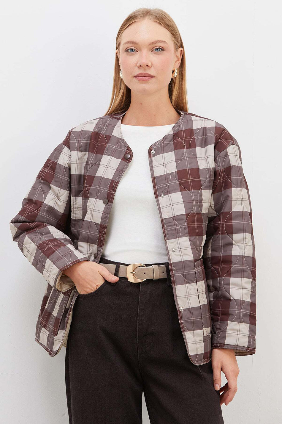 Plaid Patterned Quilted Snap Button Coat - MALLTURK