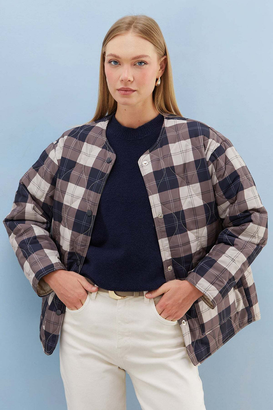 Plaid Patterned Quilted Snap Button Coat - MALLTURK