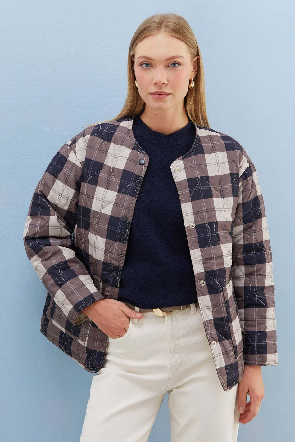 Plaid Patterned Quilted Snap Button Coat - MALLTURK