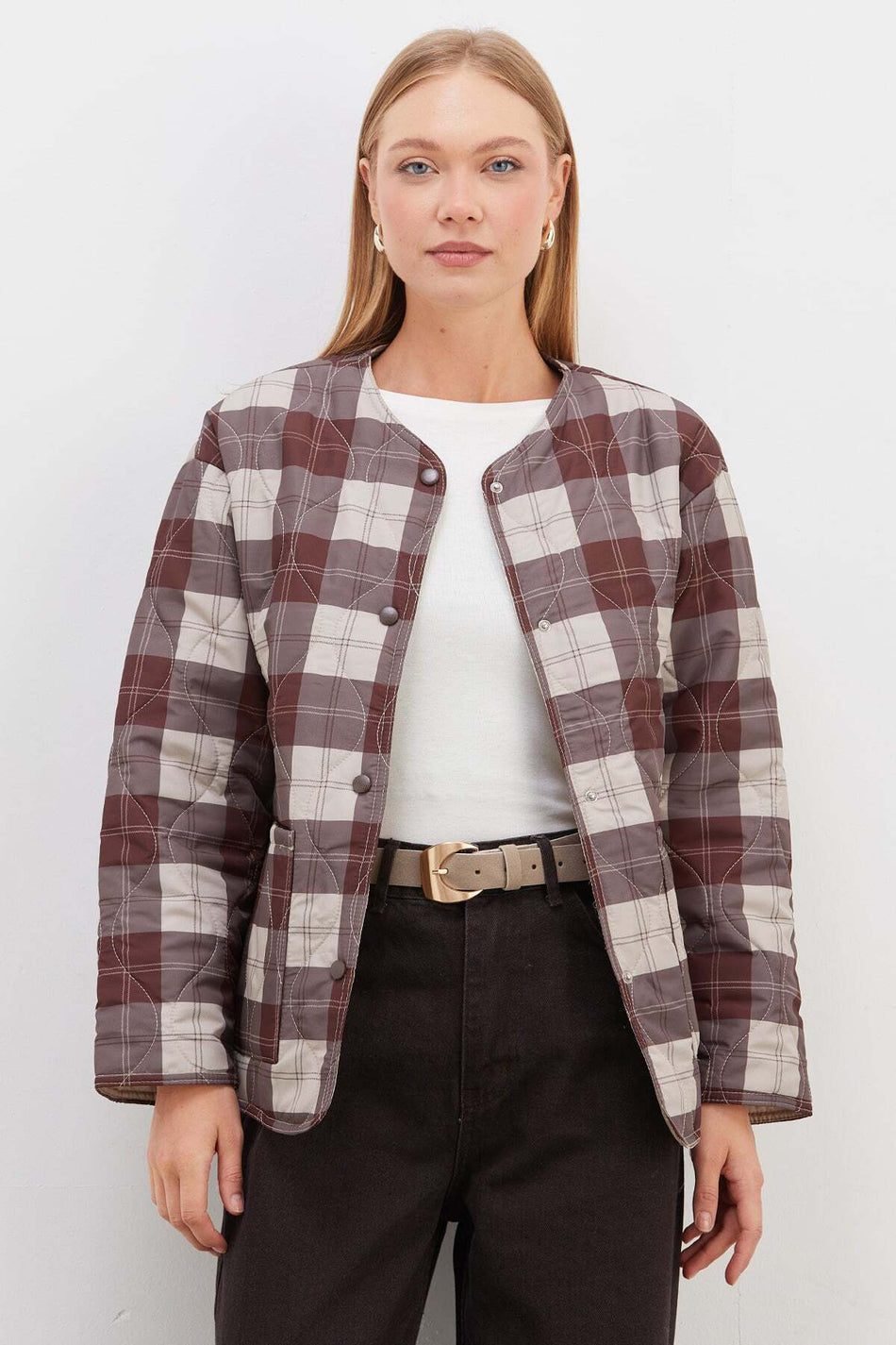 Plaid Patterned Quilted Snap Button Coat - MALLTURK