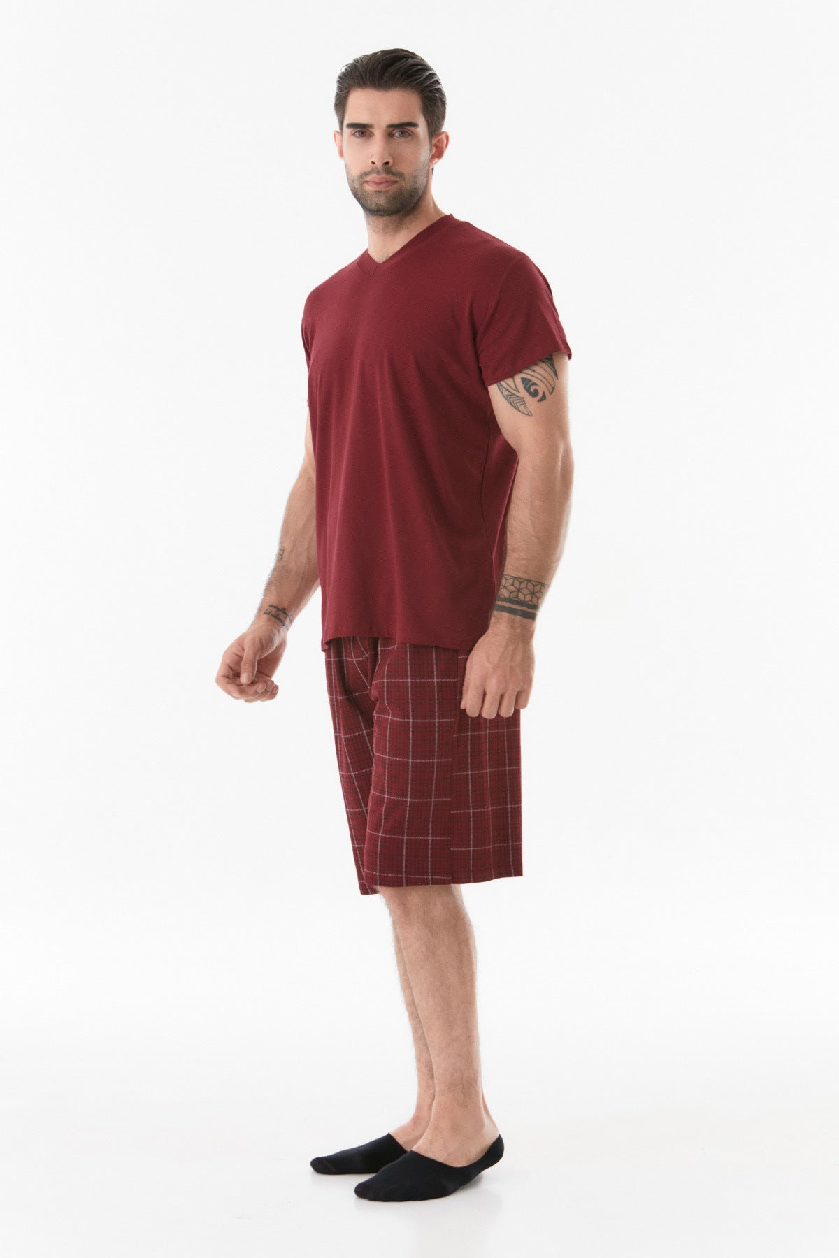 Plaid Patterned V-Neck Pajama Set - MALLTURK