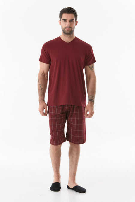 Plaid Patterned V-Neck Pajama Set - MALLTURK