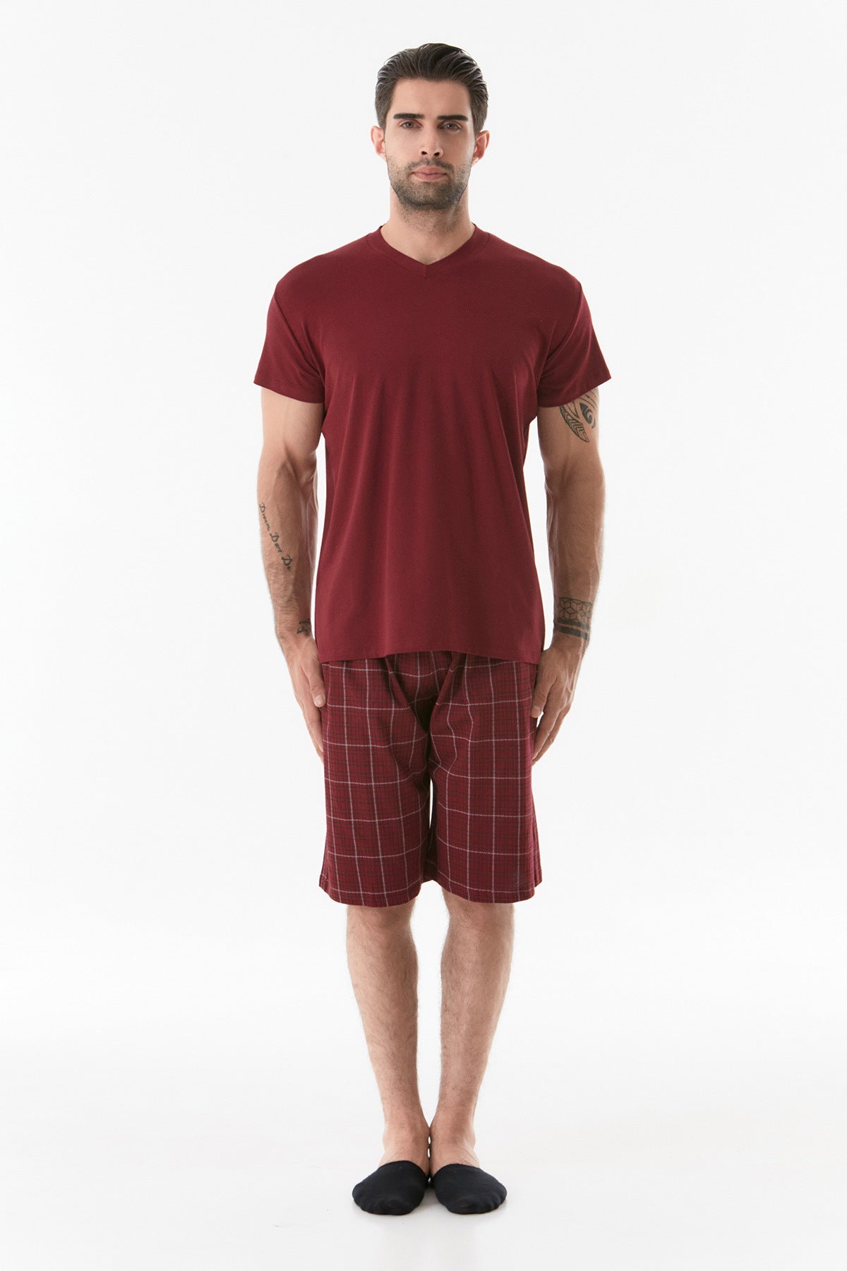 Plaid Patterned V-Neck Pajama Set - MALLTURK