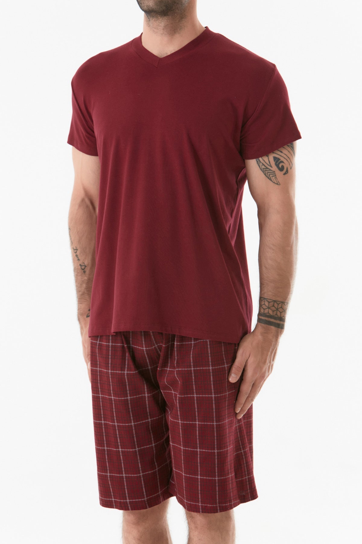 Plaid Patterned V-Neck Pajama Set - MALLTURK