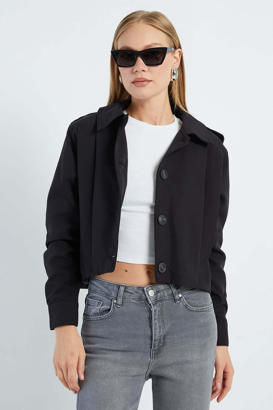 Pleated Double-Breasted Collar Cropped Trench Coat - MALLTURK
