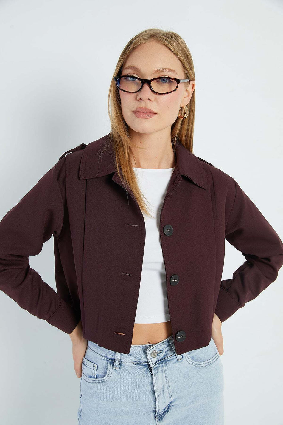 Pleated Double-Breasted Collar Cropped Trench Coat - MALLTURK