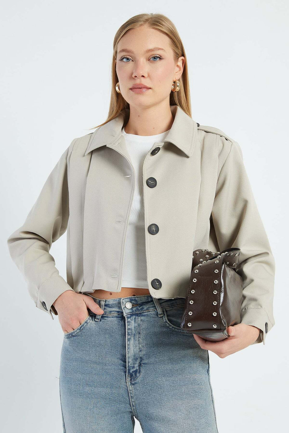 Pleated Double-Breasted Collar Cropped Trench Coat - MALLTURK