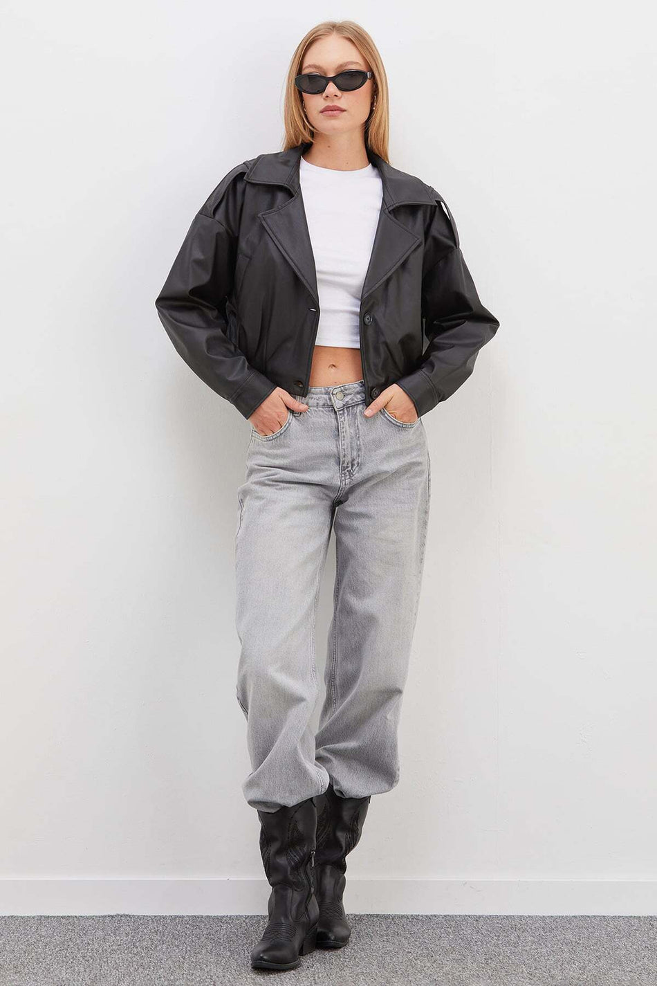 Pleated Double-Breasted Collar Oversize Faux Leather Jacket - MALLTURK