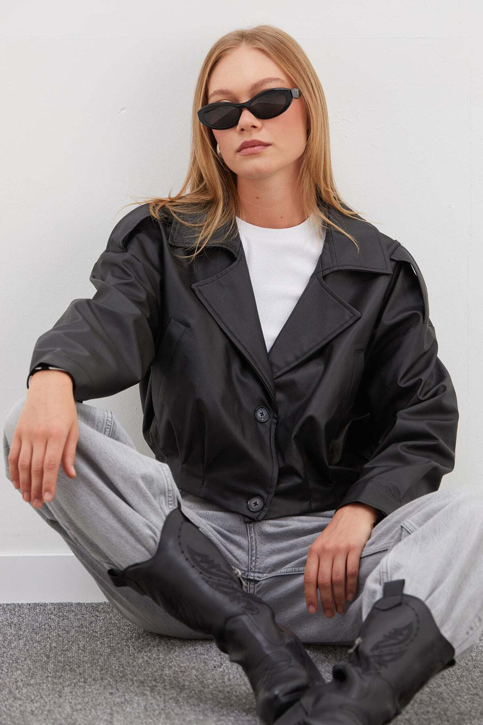 Pleated Double-Breasted Collar Oversize Faux Leather Jacket - MALLTURK
