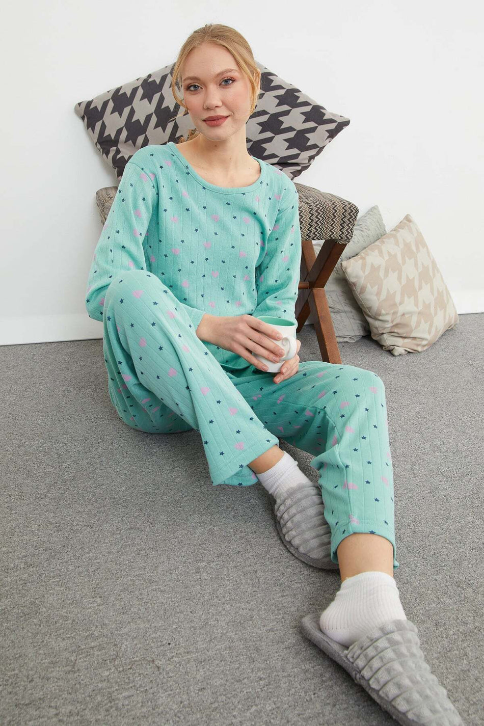Plus Size Heart and Star Patterned Pajama Set - MALLTURK