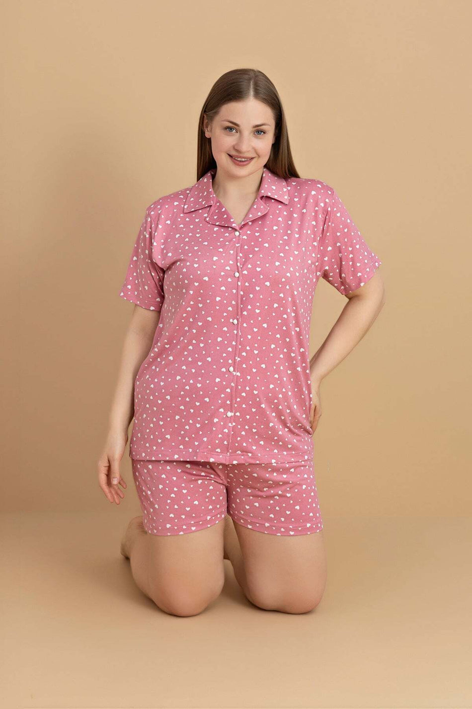 Plus Size Heart Printed Shirt Collar Shorts Pajama Set - MALLTURK